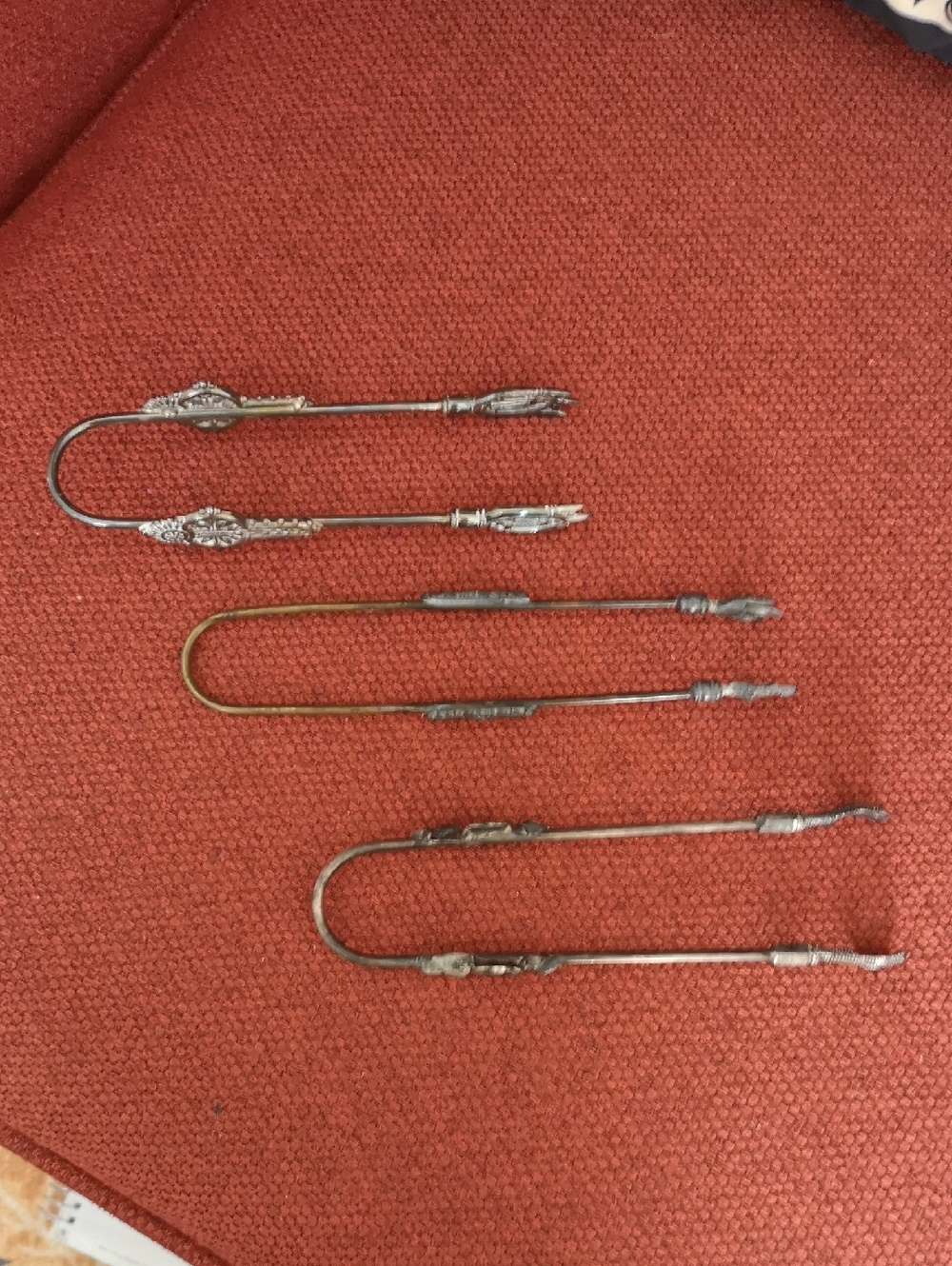 Set Of Three Antique Tongs For Pickel Cruets Art Deco Claws Rosettes